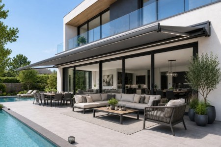 Gallerijafbeelding Productpagina Grand Uitgeklapte Terralux Grand 6x3 meter bij daglicht, voor een groot schaduwoppervlak, perfect voor boven een groot terras.