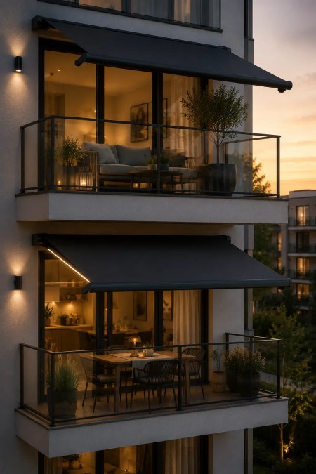 Afbeelding Productpagina Select Twee balkons met elektrische zonneschermen van Terralux Outdoor bij een modern appartementencomplex