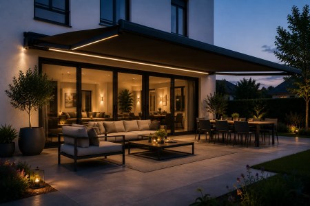Home - Terralux Comfort Terralux Comfort elektrisch zonnescherm van 5 bij 3 meter boven een ruime zithoek