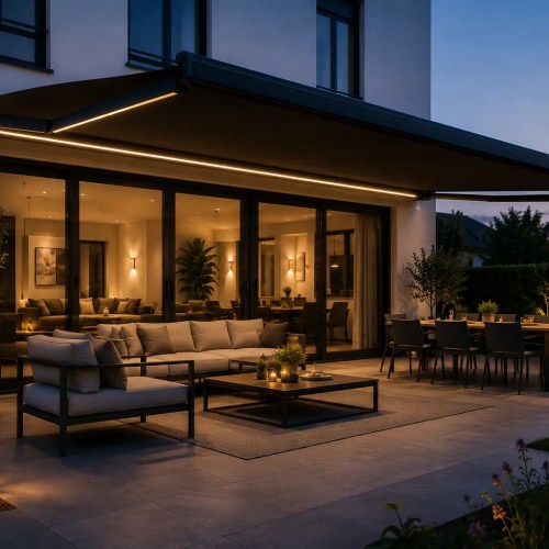 Home - Terralux Comfort Terralux Comfort elektrisch zonnescherm van 5 bij 3 meter boven een ruime zithoek