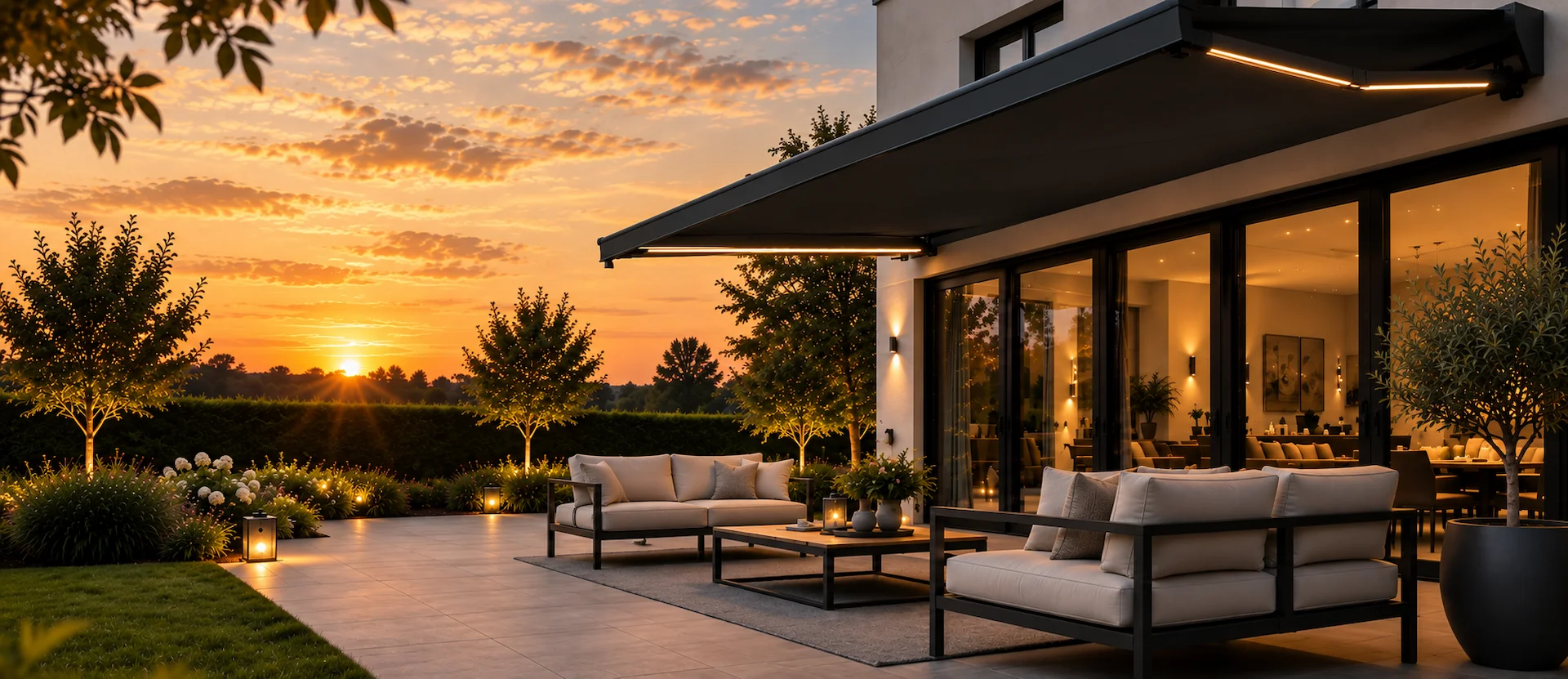 Elektrisch zonnescherm van Terralux Outdoor boven een modern terras met geïntegreerde LED-verlichting