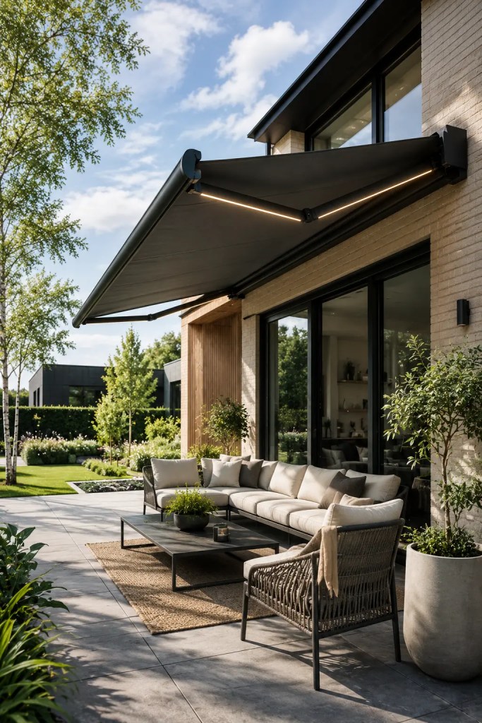 Modern terras met een elektrisch zonnescherm van Terralux Outdoor aan een vrijstaande woning
