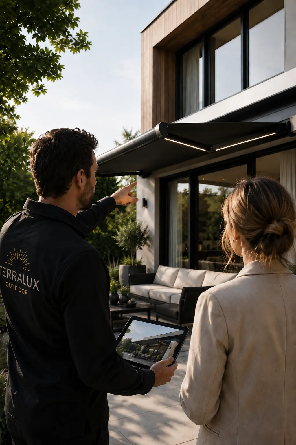 Adviesgesprek van Terralux Outdoor over een elektrisch zonnescherm bij een moderne woning
