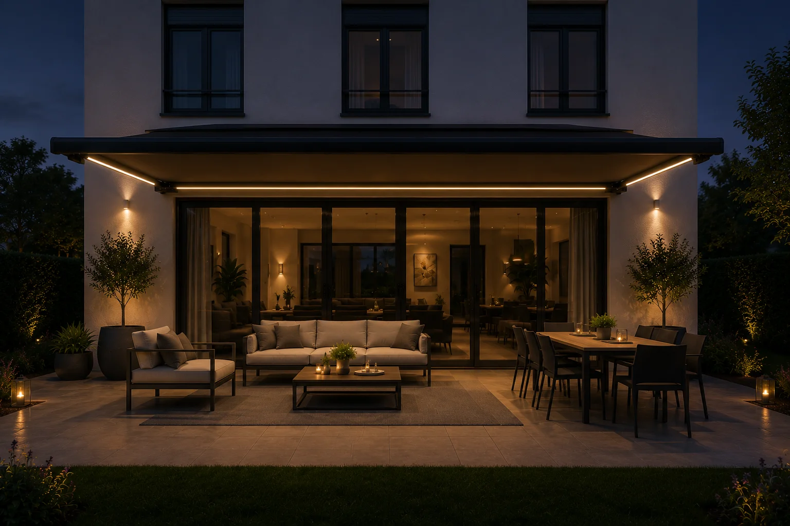 Vooraanzicht van de Terralux Comfort 5x3 meter, inclusief LED-verlichting, bij zonsondergang.